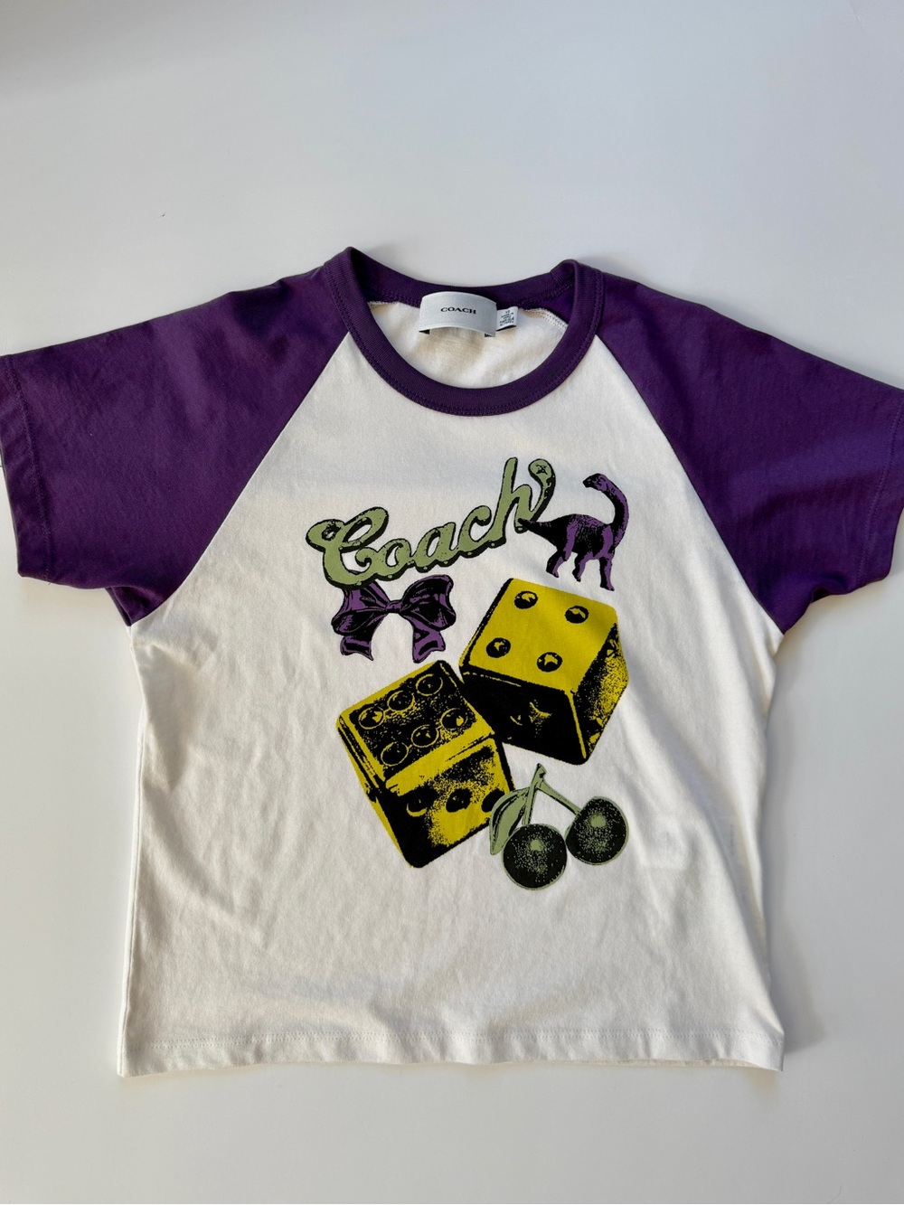 NWOT Authentic - COACH Women’s Graphic Tee Shirt Rexy Dinosaur Dice Cherries XS